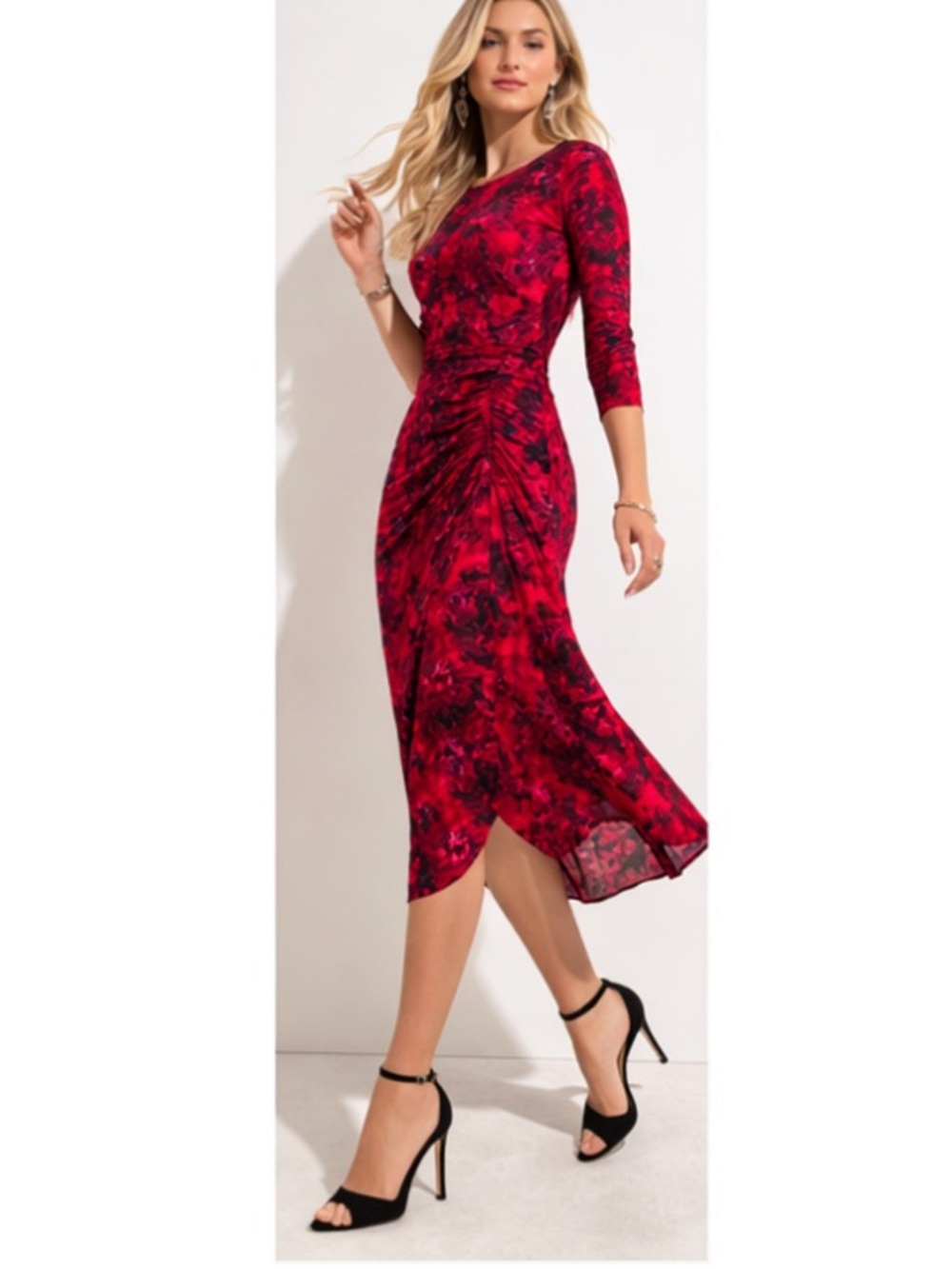 White House Black Market Red Floral Ruched Midi Dress, size 10 NWT (fits like 8)